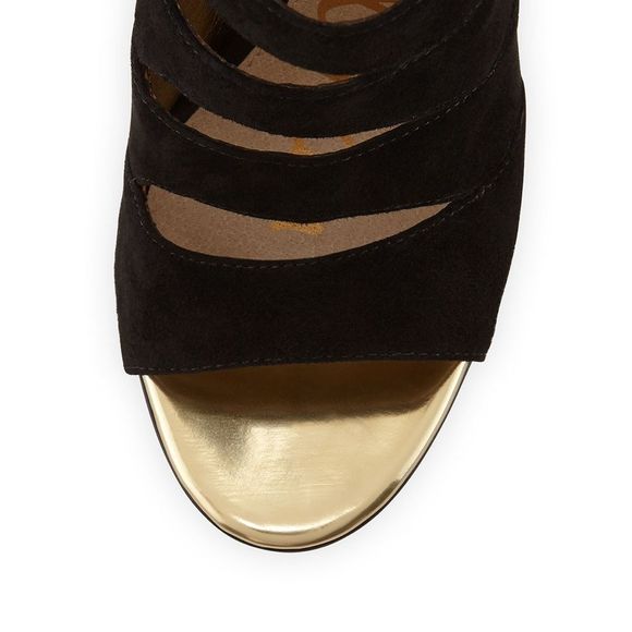 Sam Edelman “Anastasia” Cut-Out Caged Suede Heels with Gold Toe, Black, Size 8 - Picture 6 of 6
